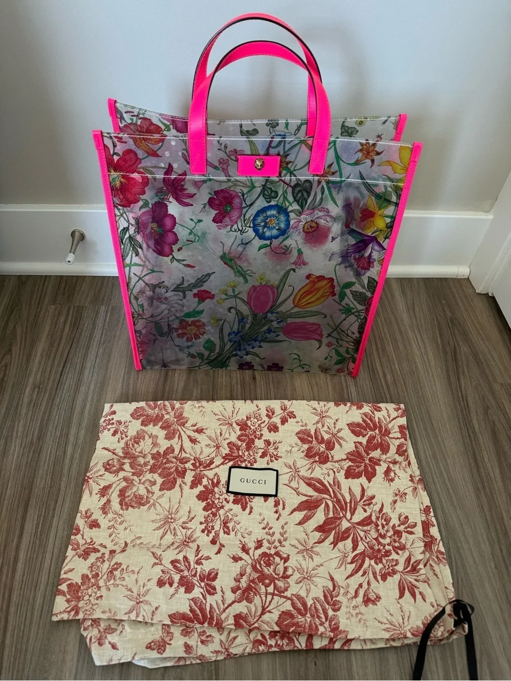 Gucci Floral Clear Tote with Hot Pink Trim